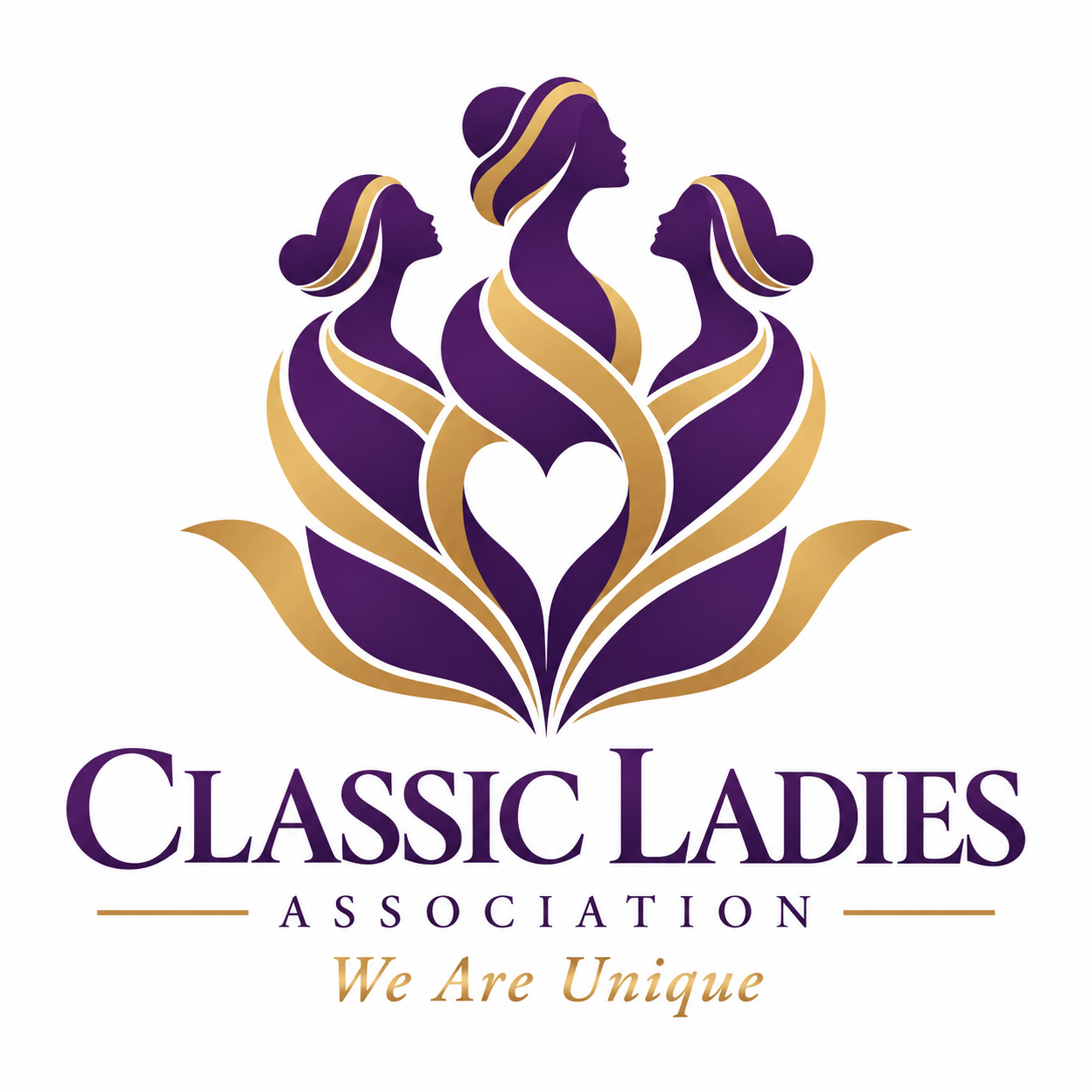Classic Ladies Association logo with three purple-and-gold women surrounding a heart, and the words We Are Unique